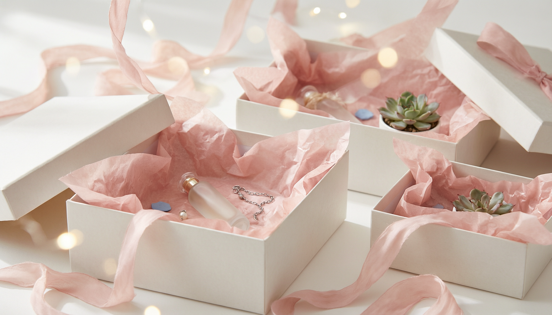Boîtes cadeaux entrouvertes et objets précieux dans une lumière douce
