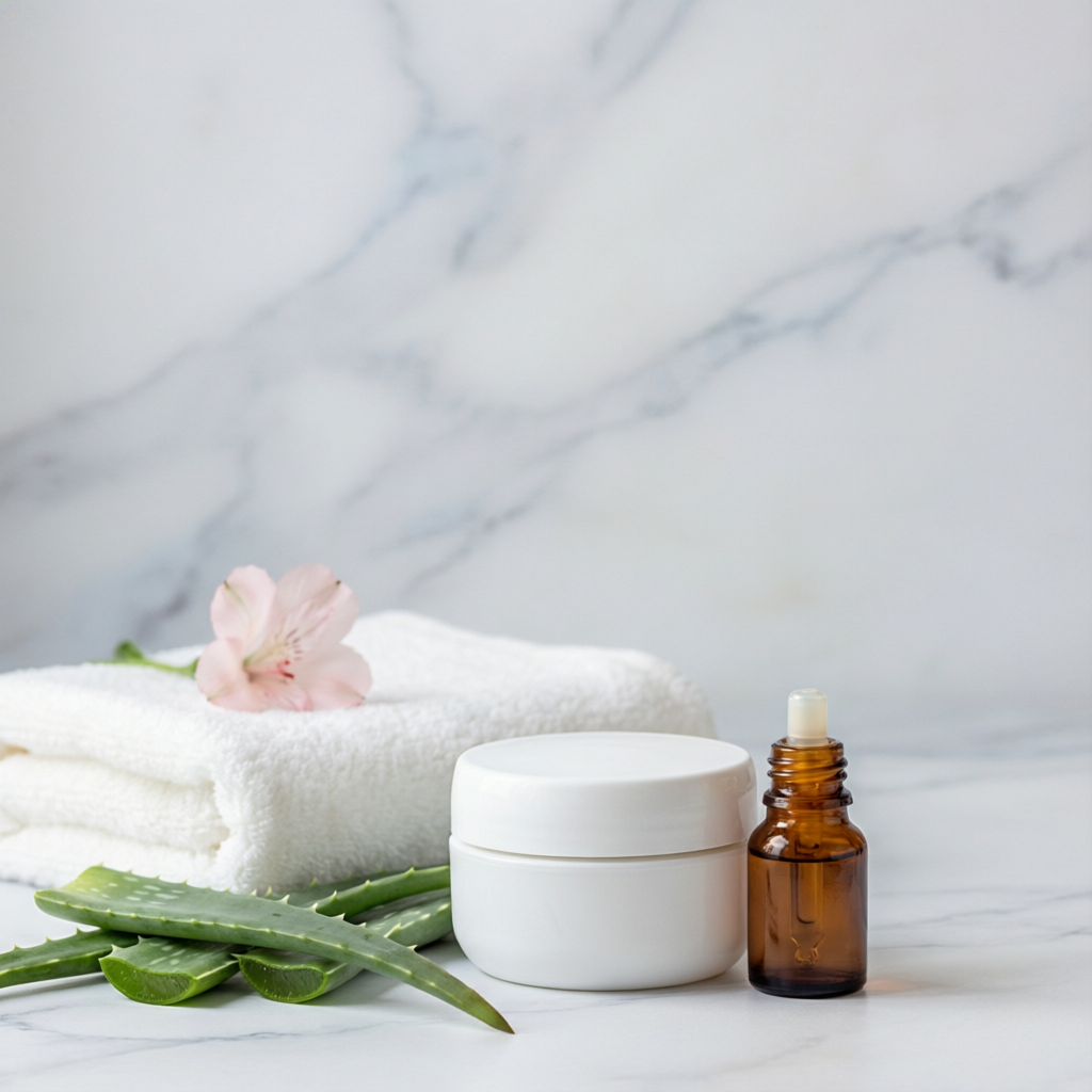 Feuilles d'aloe vera et soins bien-être sur fond clair