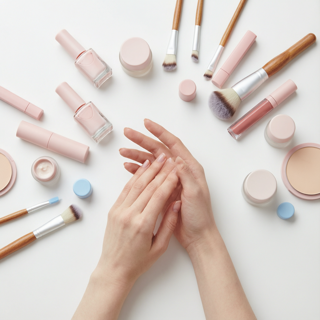 Composition beauté Glow.mee21 : onglerie, makeup et cosmétiques dans une palette rose poudré