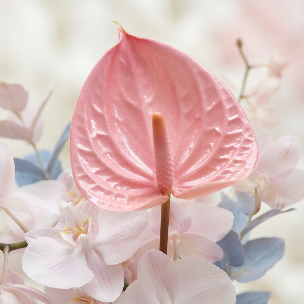 Fleur d'anthurium rose aux feuilles brillantes